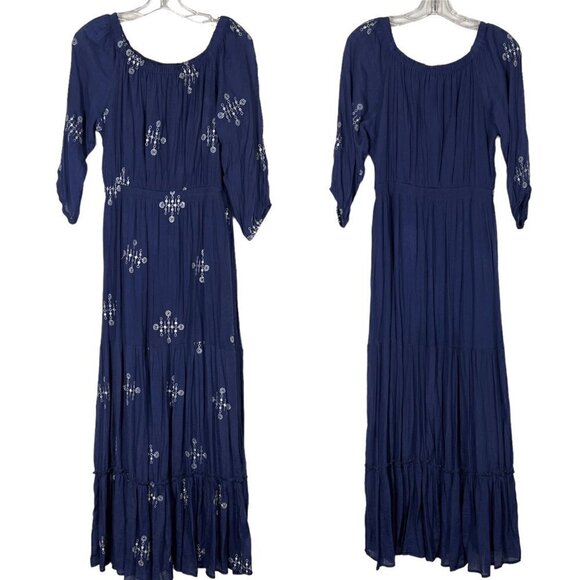 Blue Maxi Dress Embroidered Cottagecore Small - Picture 3 of 12